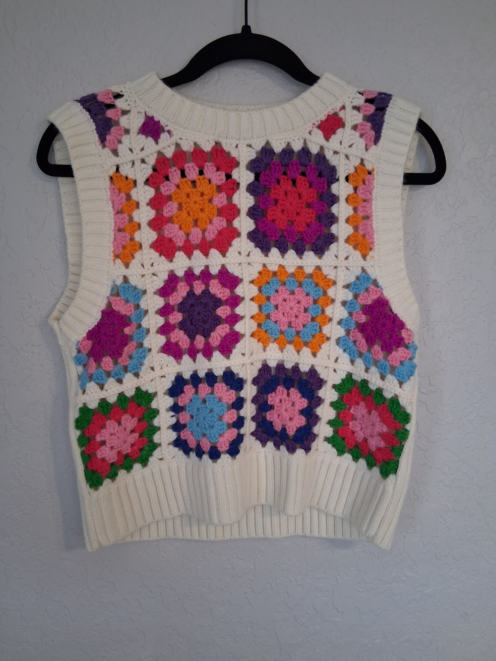 Bershka Cream Crochet Patchwork Tank Top with Multicolor Squares